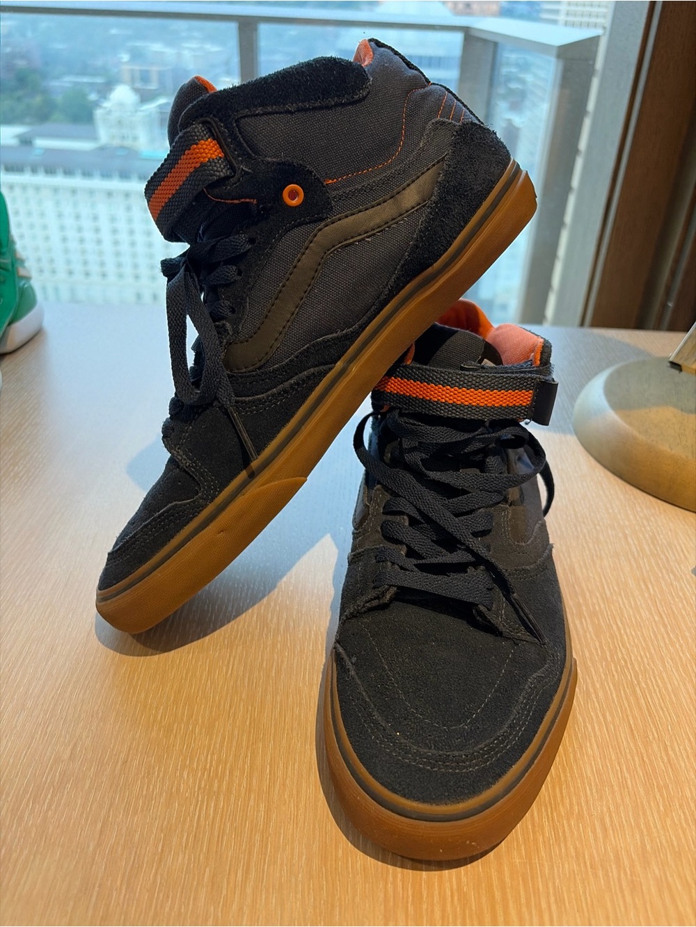 Black High-Top Men's Skate Sneakers with Gum Sole and Orange Accent